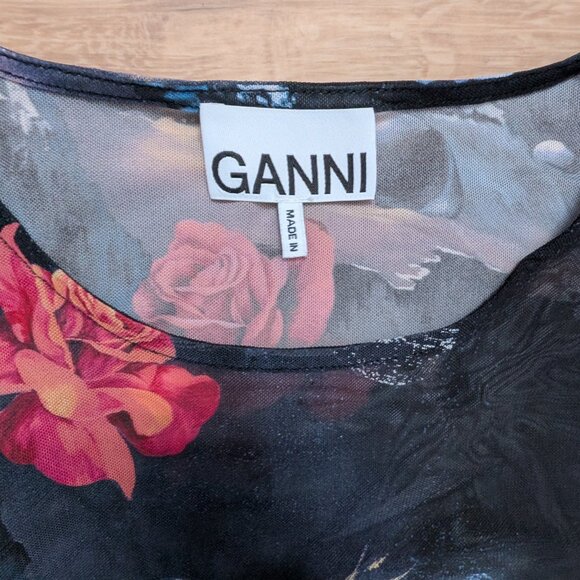 GANNI Mesh Print Long Sleeve Blouse Size 42 Sheer Floral Graphic Top - Picture 2 of 7